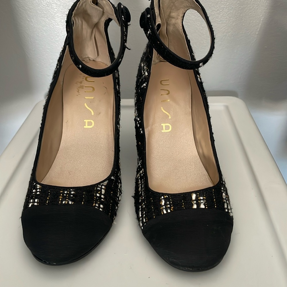 Mary Jane, black and white fabric heels, size 6 1/2 Unisa